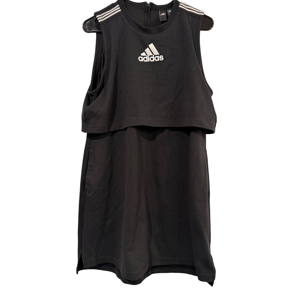 Adidas Womens Black Layered Popover Mini Dress Sleeveless 3-Stripes Medium